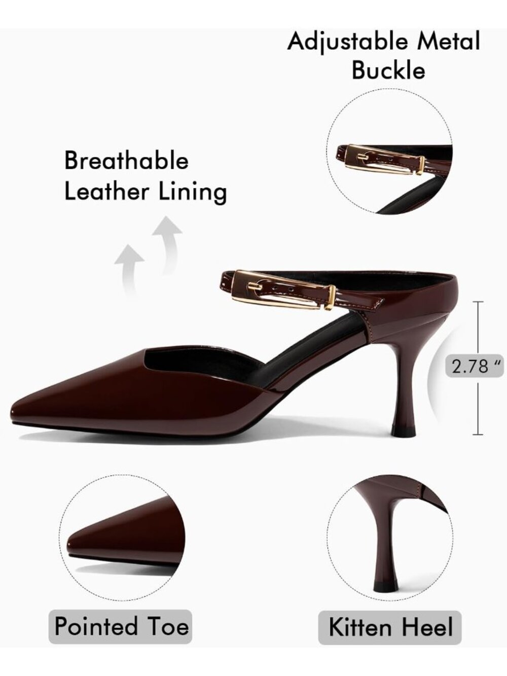 Women's Dark Brown Faux Leather Closed Pointed Toe Ankle Buckle Strap Heels - Picture 4 of 5